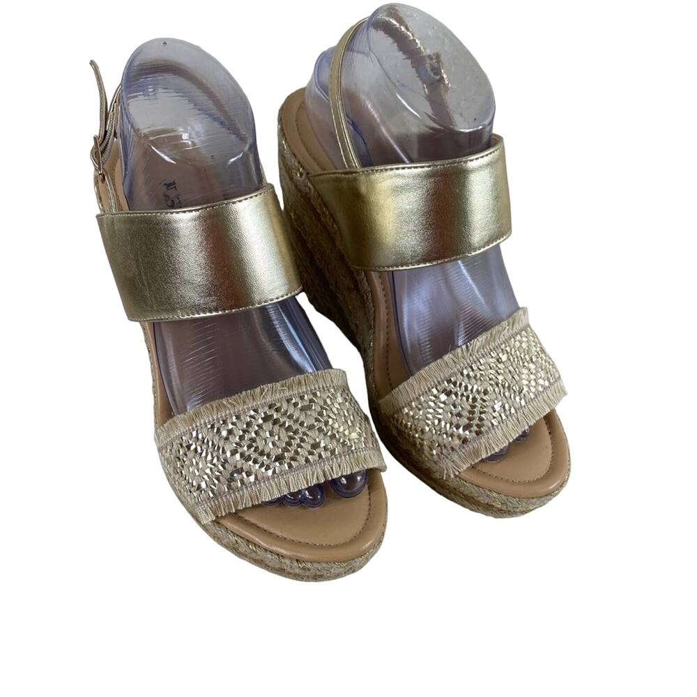 JustFab Gold‎ Aztec Design Fringe Espadrille Ankle Strap Sandals Size 9